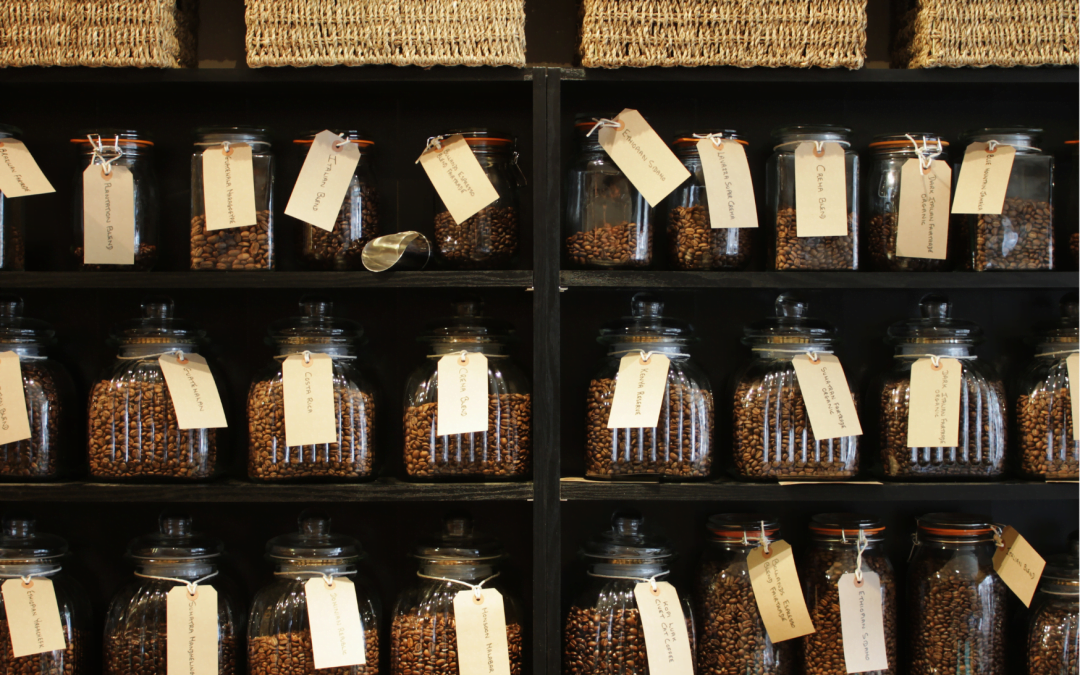 Exhibición de diferentes tipos de café